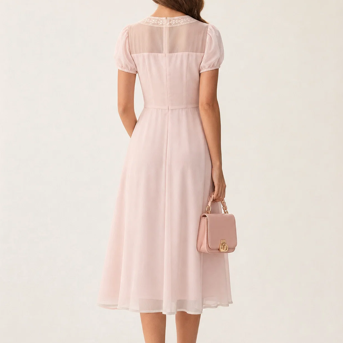 Square‑Neck Lace Trim Puffed Sleeve Backless A‑Line Chiffon Midi Dress
