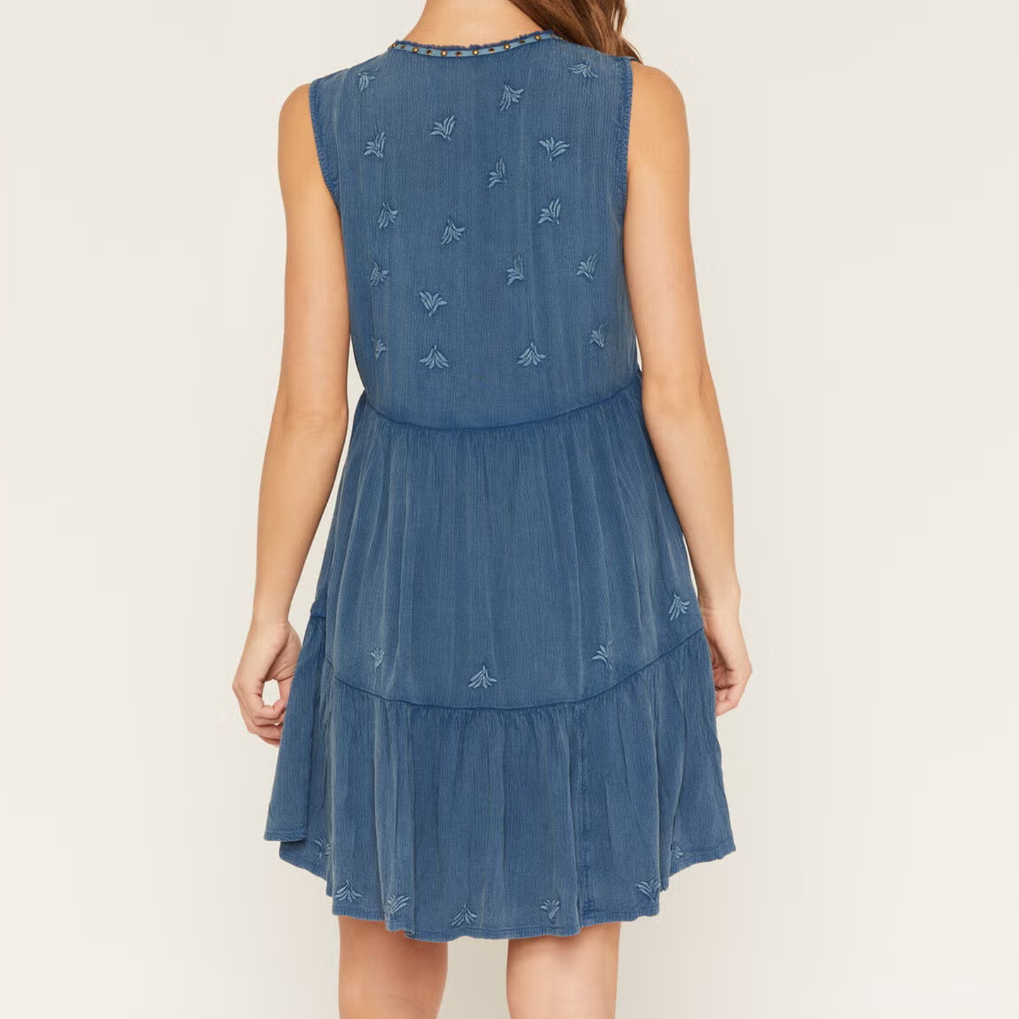 Tonal Floral Embroidered Sleeveless Two‑Tiered V‑Neck Mini Dress