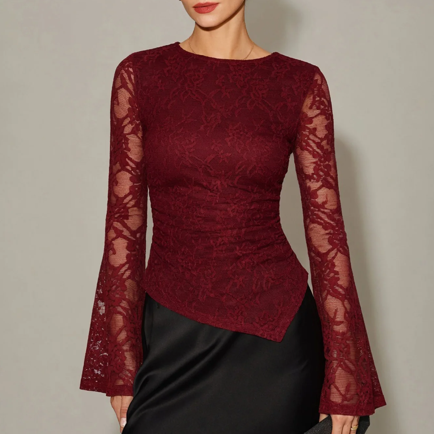 Boat Neck Textured Knit Slim Fit Bell Long Sleeve Top
