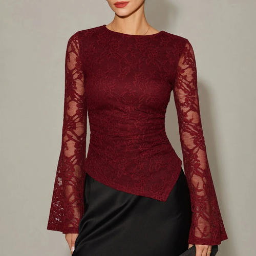 Boat Neck Textured Knit Slim Fit Bell Long Sleeve Top