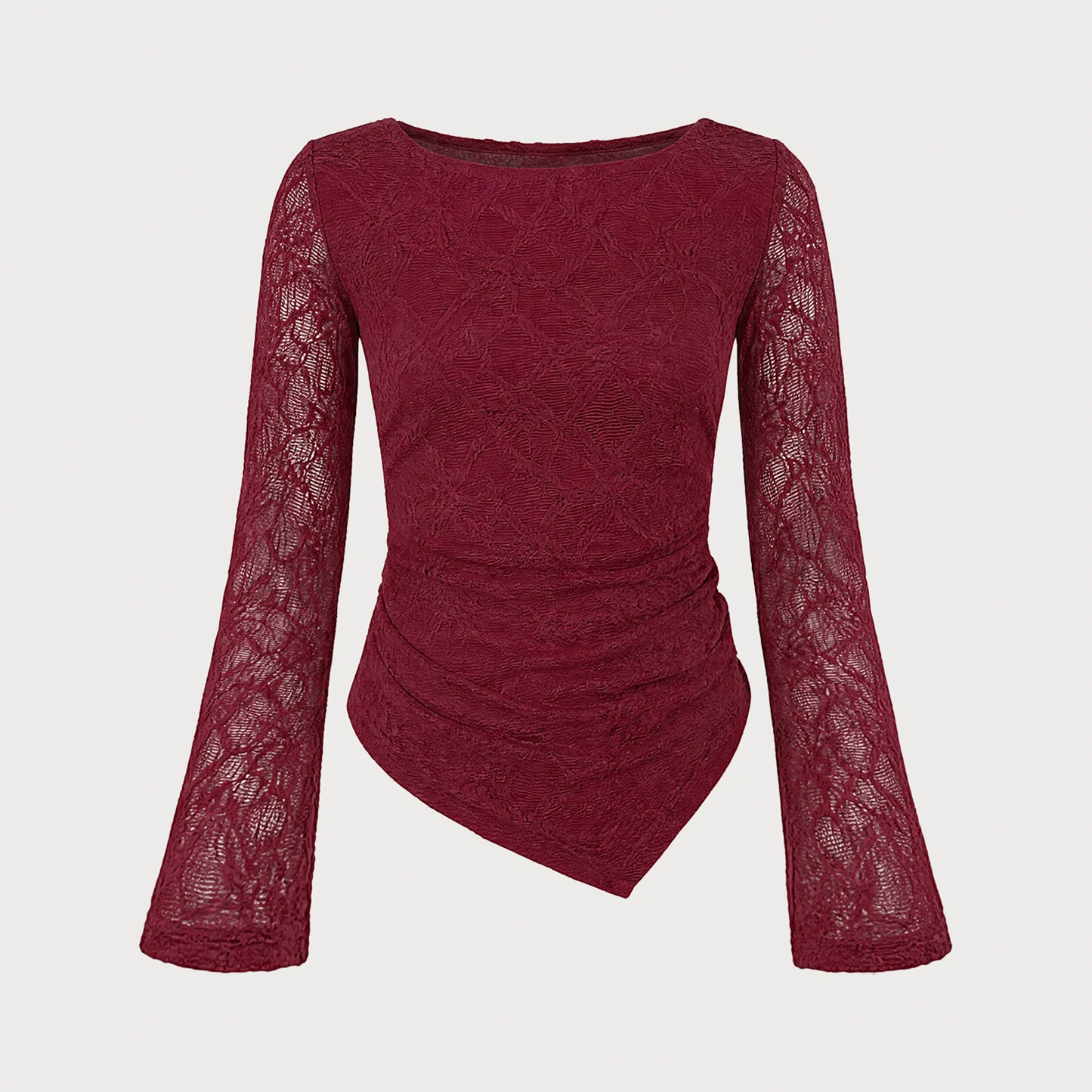 Boat Neck Textured Knit Slim Fit Bell Long Sleeve Top