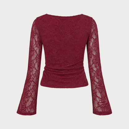 Boat Neck Textured Knit Slim Fit Bell Long Sleeve Top