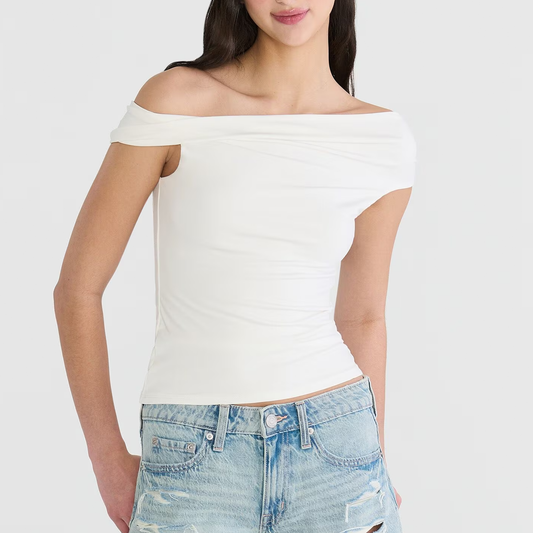 Solid Asymmetrical Off‑Shoulder Stretch Knit Short Sleeve Top