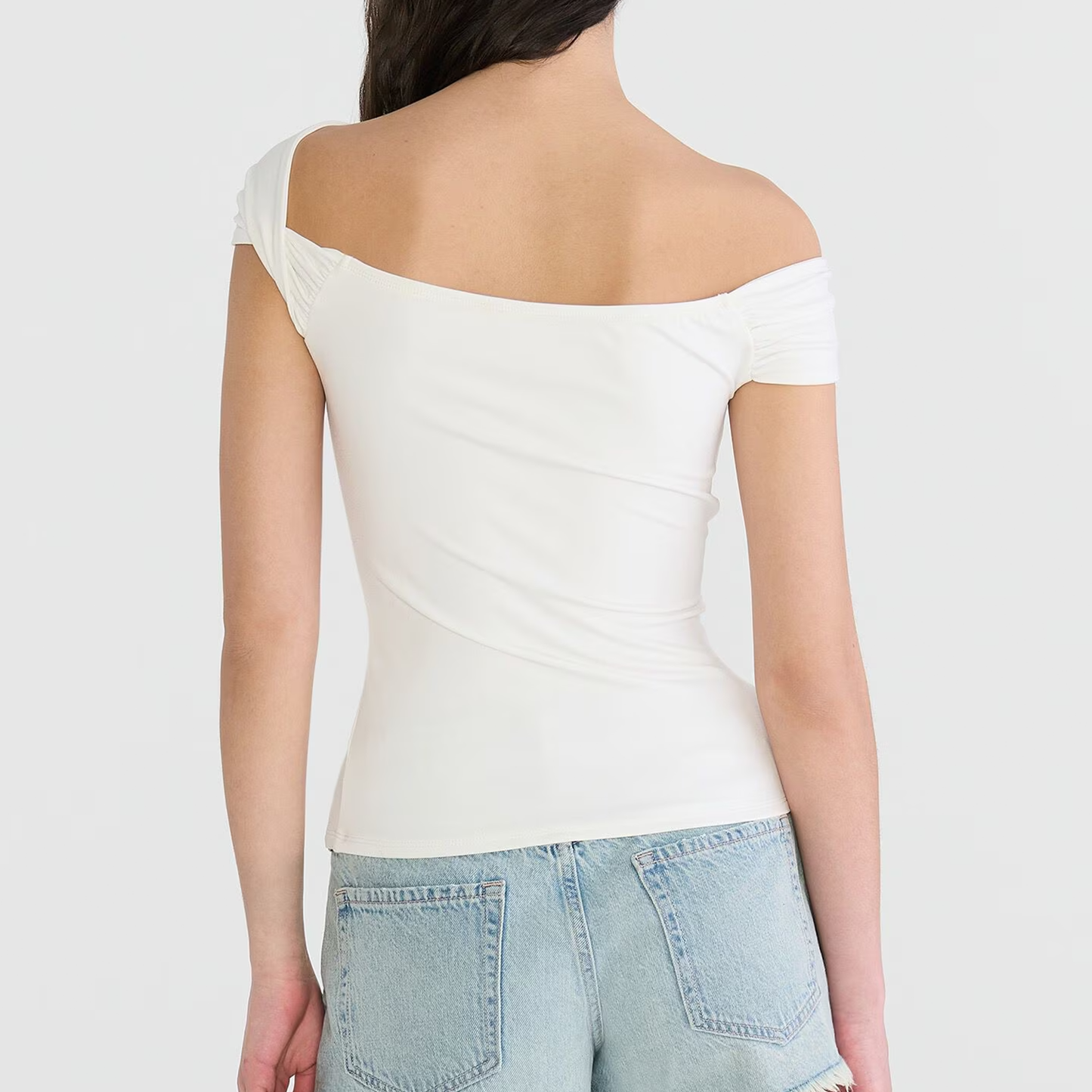 Solid Asymmetrical Off‑Shoulder Stretch Knit Short Sleeve Top