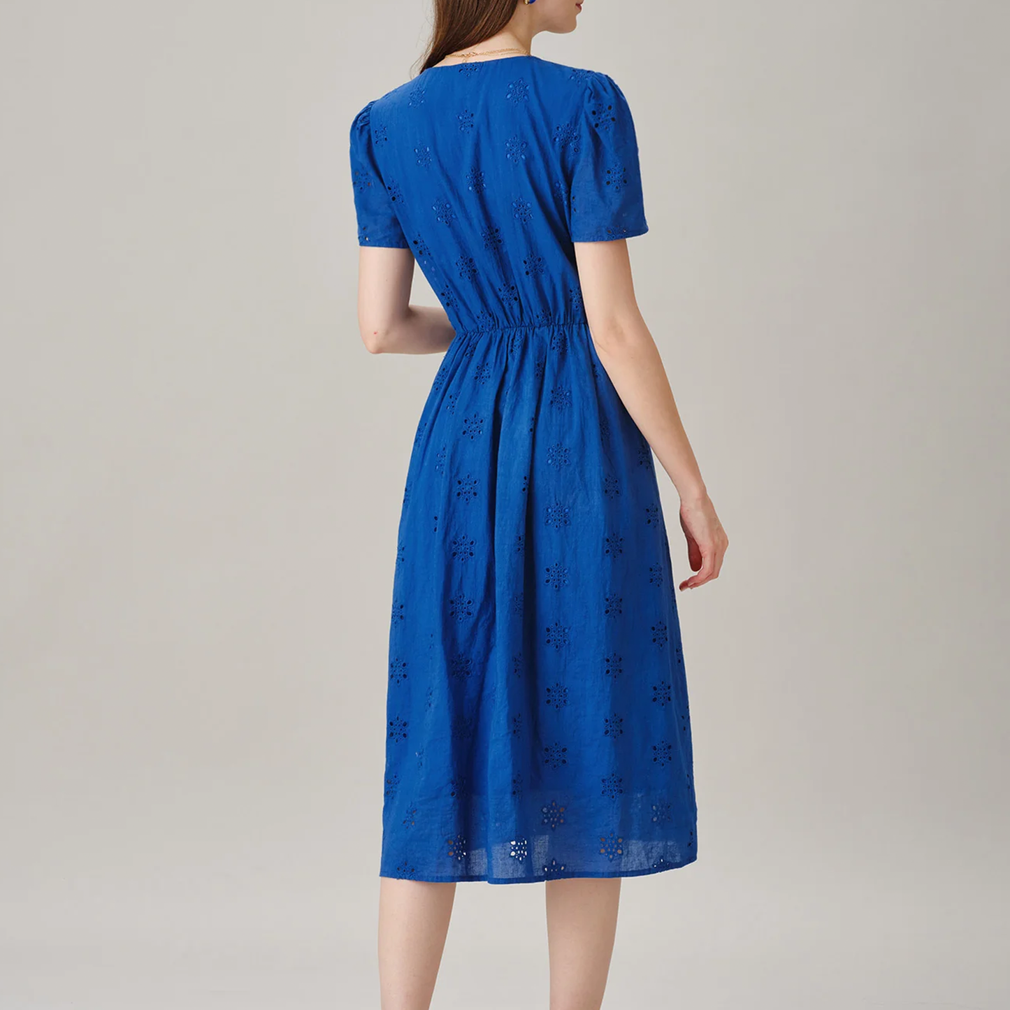 V‑Neck Puffed Sleeve Embroidered Button‑Front Slit A‑Line Midi Dress