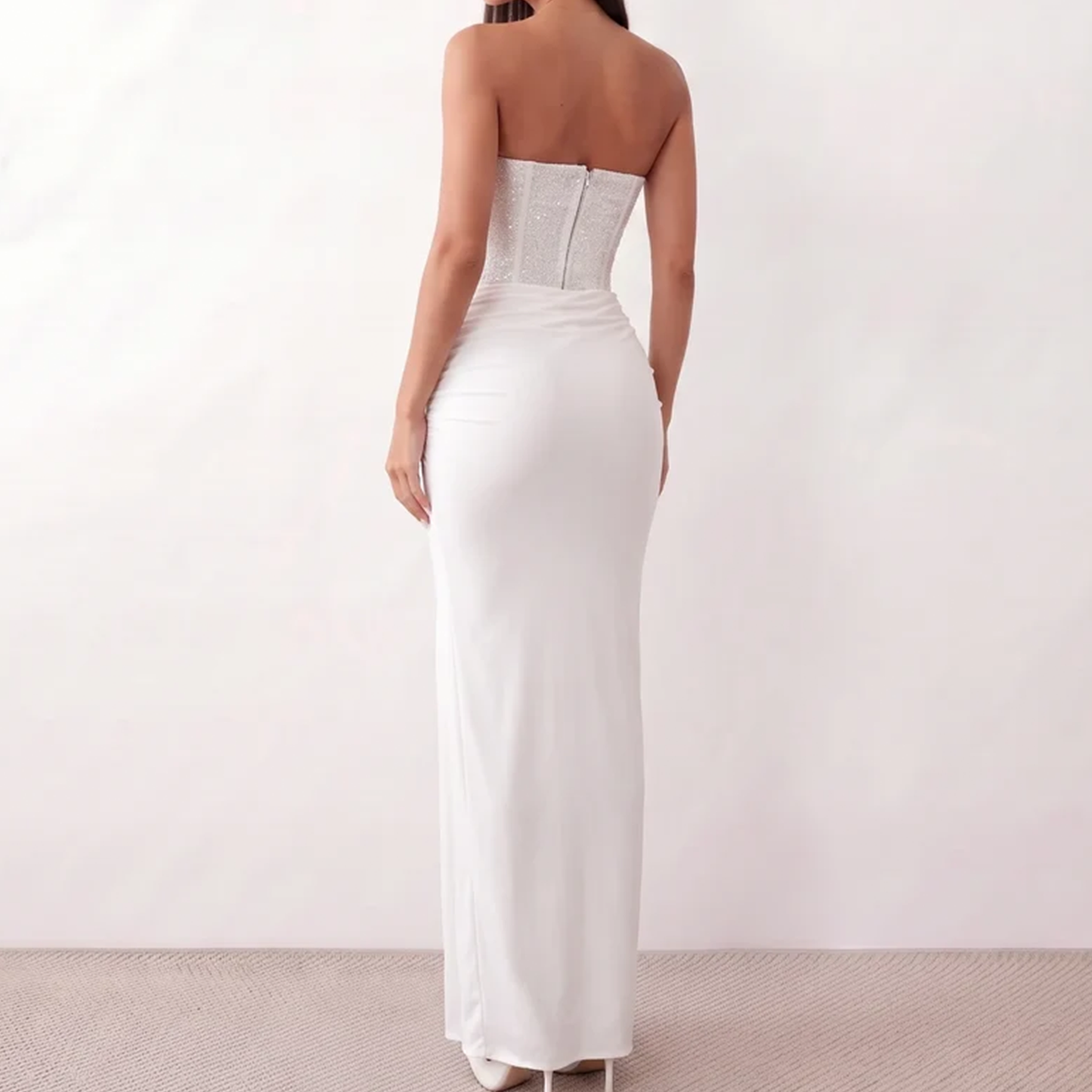 Sequined Strapless Twist‑Front Sweetheart Formal Maxi Dress