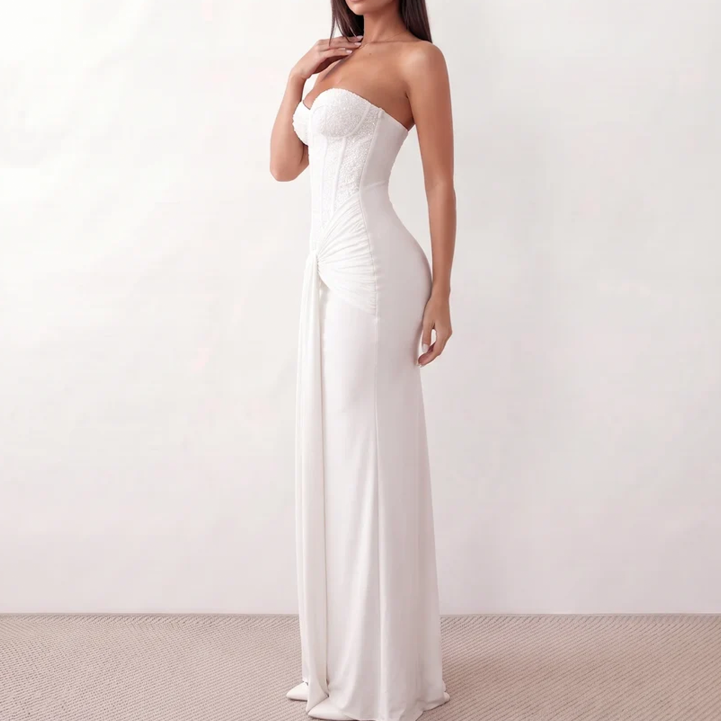 Sequined Strapless Twist‑Front Sweetheart Formal Maxi Dress