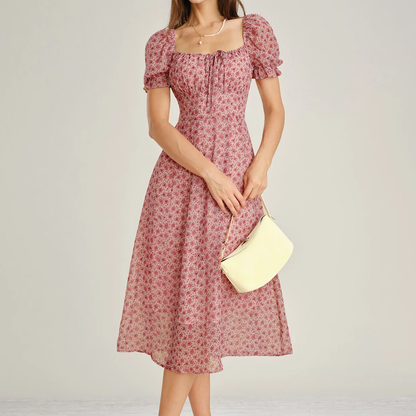 Square Neck Floral Puffed‑Sleeve Chiffon A‑Line Midi Dress