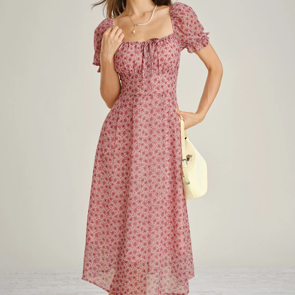 Square Neck Floral Puffed‑Sleeve Chiffon A‑Line Midi Dress