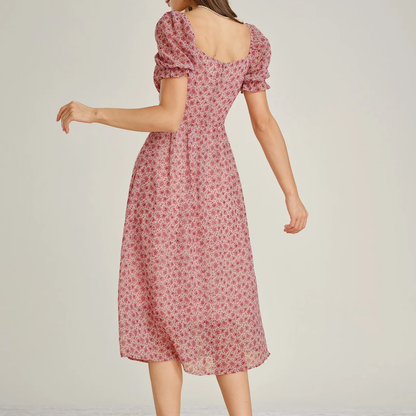 Square Neck Floral Puffed‑Sleeve Chiffon A‑Line Midi Dress
