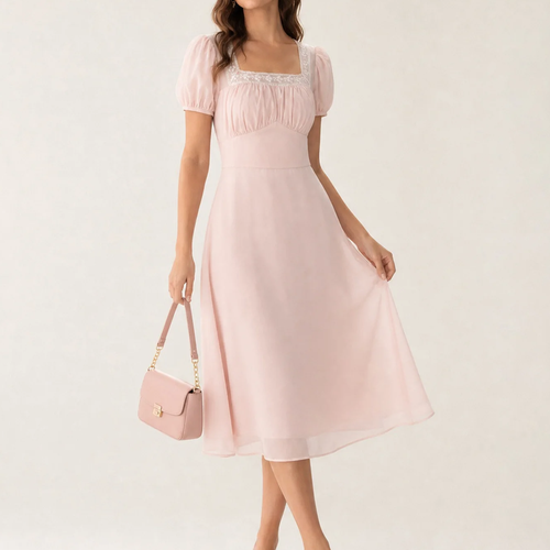 Square‑Neck Lace Trim Puffed Sleeve Backless A‑Line Chiffon Midi Dress