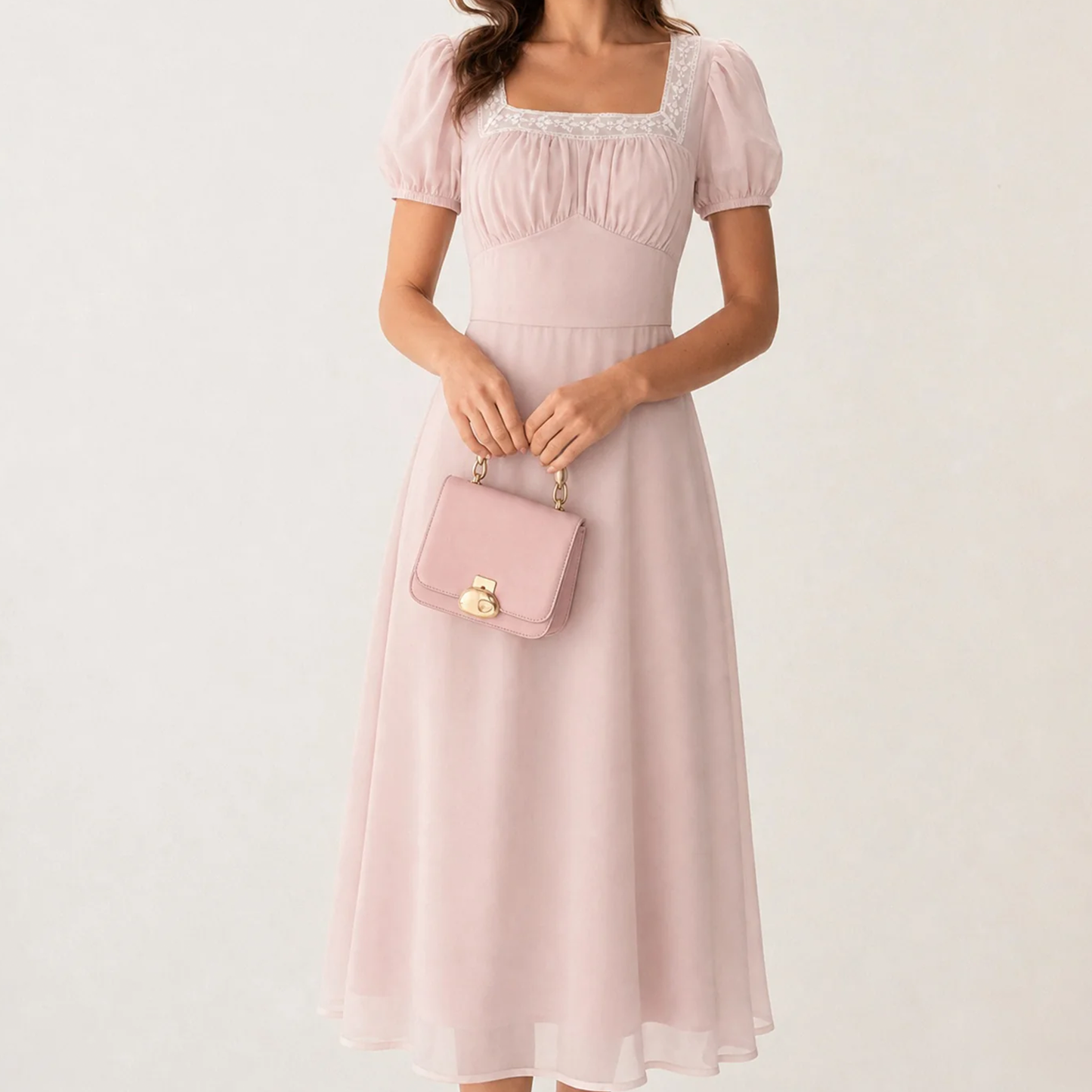 Square‑Neck Lace Trim Puffed Sleeve Backless A‑Line Chiffon Midi Dress