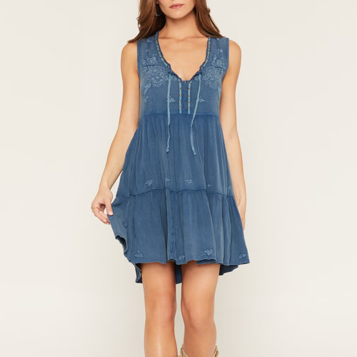 Tonal Floral Embroidered Sleeveless Two‑Tiered V‑Neck Mini Dress