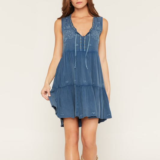 Tonal Floral Embroidered Sleeveless Two‑Tiered V‑Neck Mini Dress